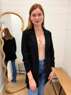 Black Ruched Sleeve Open Front Long Blazer
