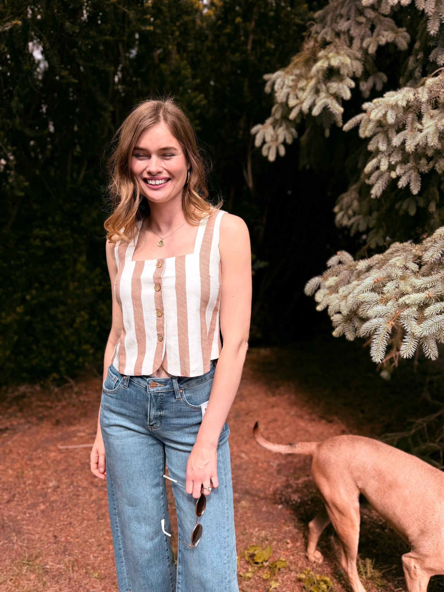 Stripe Button Down Sleeveless Linen Top