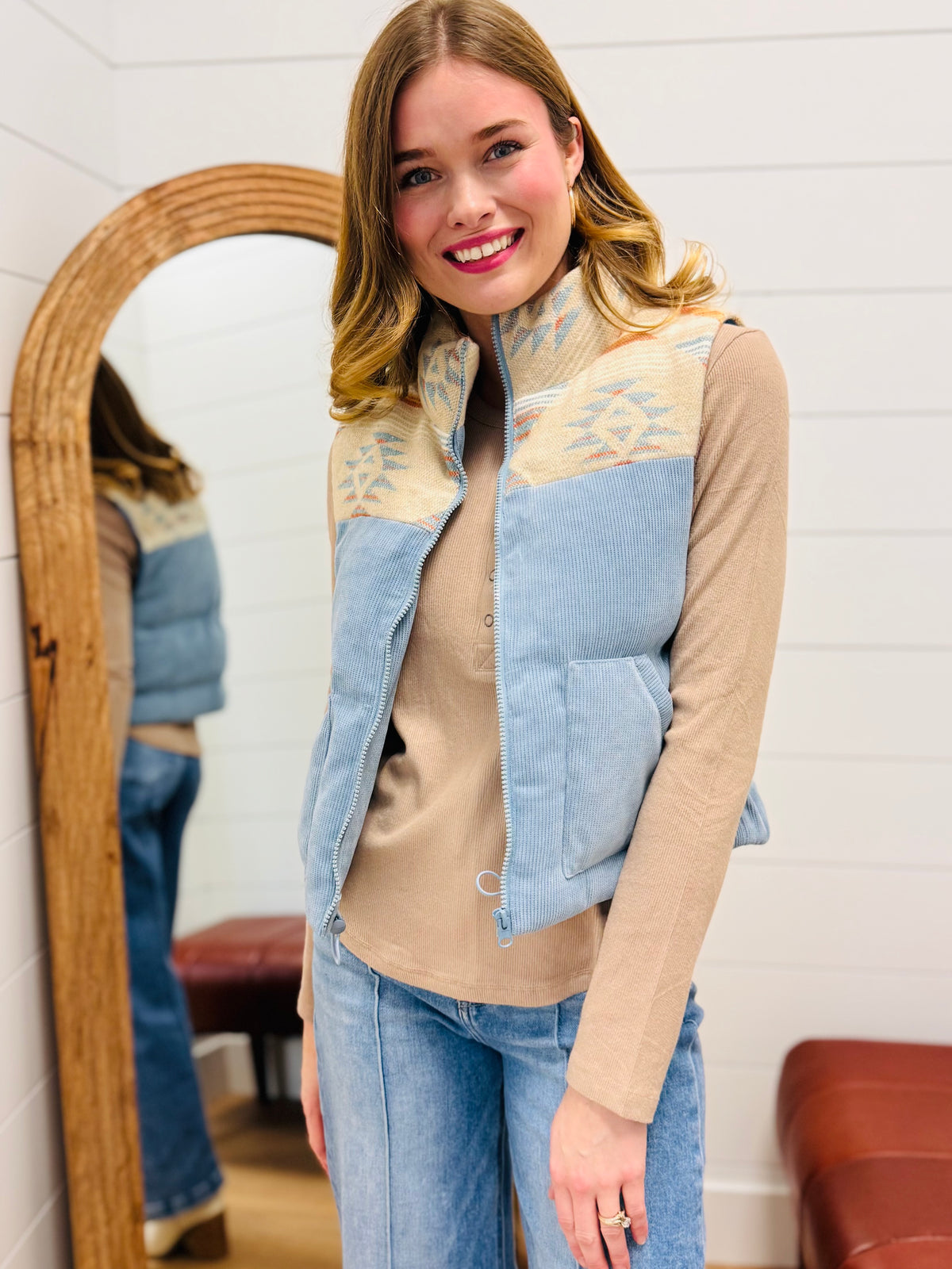 Aztec Graphic Corduroy Casual Puffer Vest