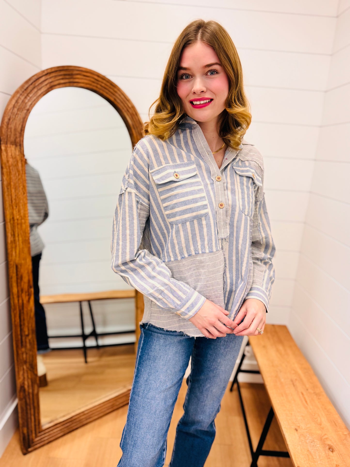 Color Block Half Button Down Shirt