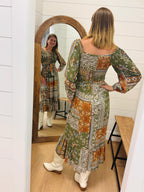 Printed Olive Mix Midi Dress