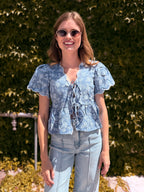 Floral Embroidery Front Tie Scalloped Peplum Top - Chambray
