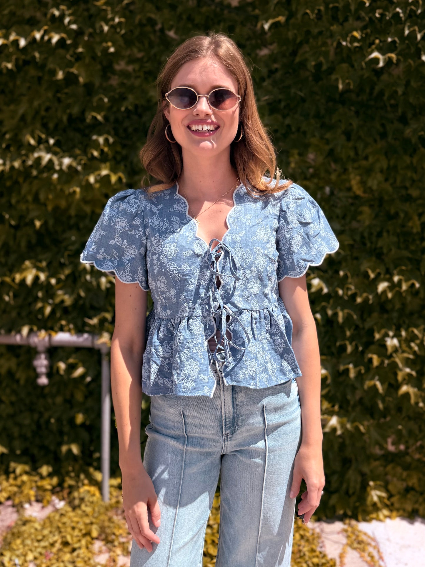 Floral Embroidery Front Tie Scalloped Peplum Top - Chambray