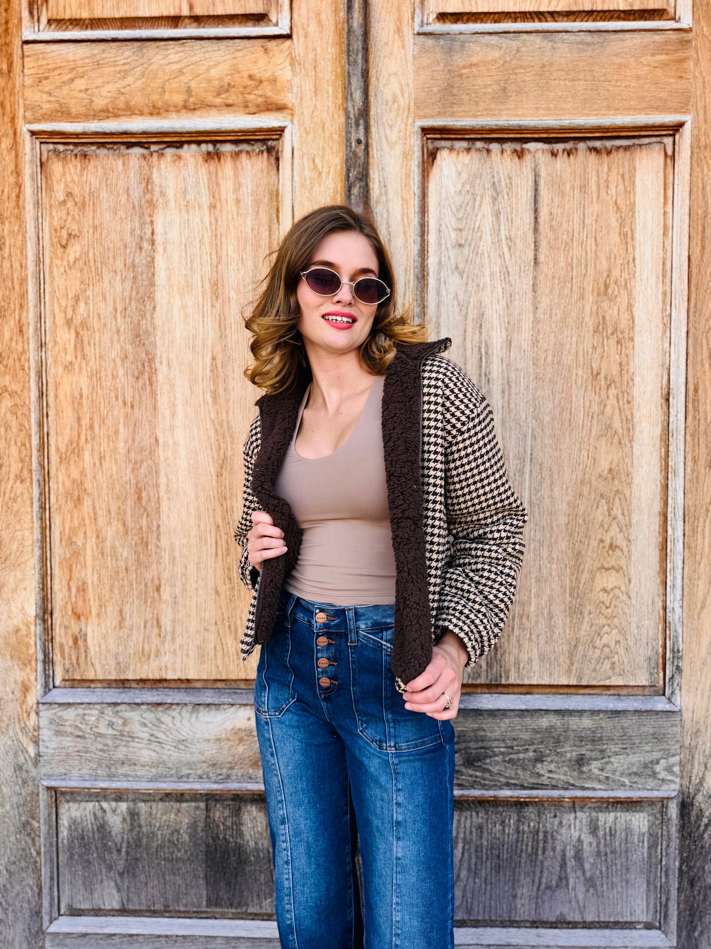 Houndstooth Sherpa Zip Up Jacket