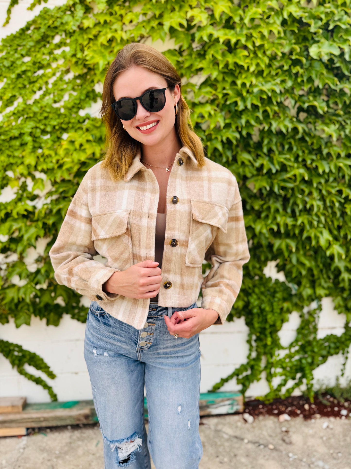 Button-down Short Plaid Shacket - Khaki