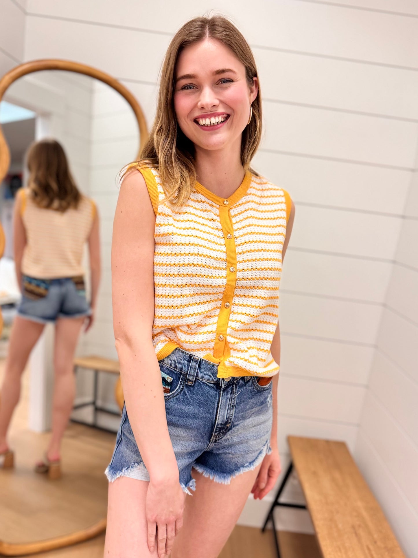 Stripe Knit Button Down Top - Mustard