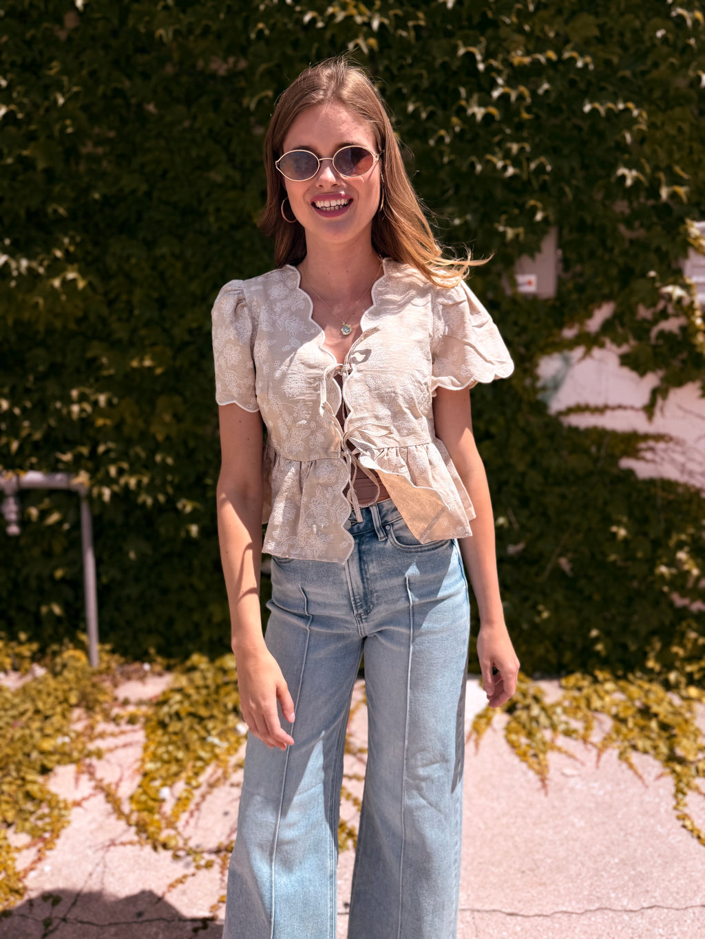 Floral Embroidery Front Tie Scalloped Peplum Top - Khaki