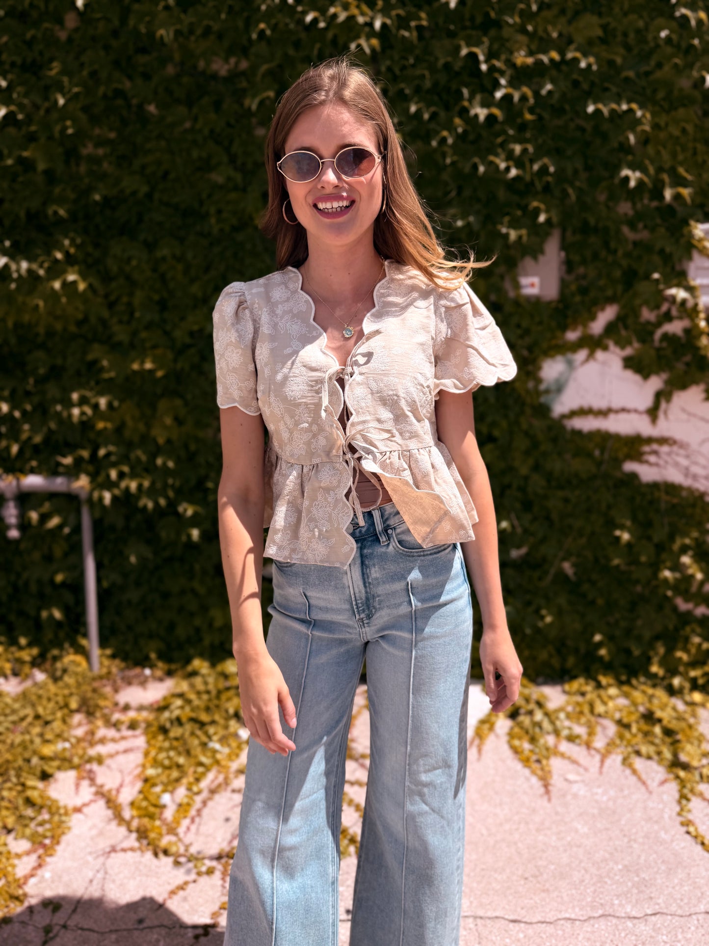 Floral Embroidery Front Tie Scalloped Peplum Top - Khaki
