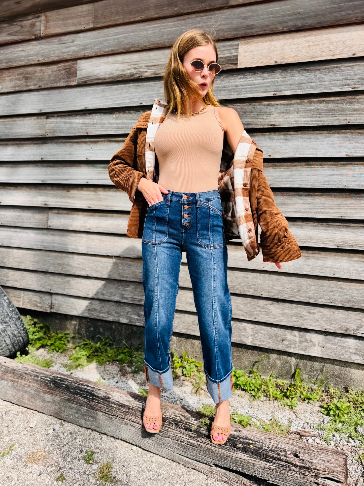 High Rise Crop Wide Straight Cuffed Jeans - Risen