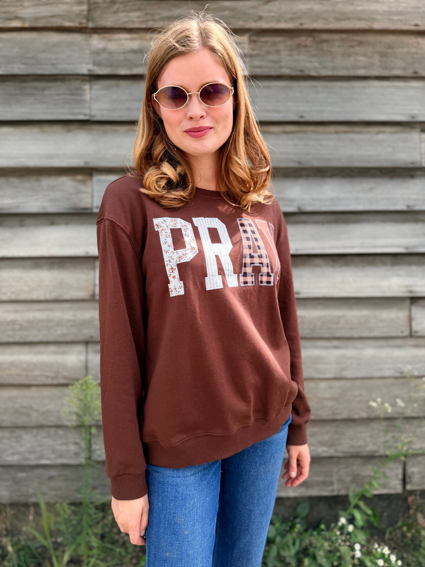 Pray Floral Stripe Gingham Embroidered Patch Sweatshirt