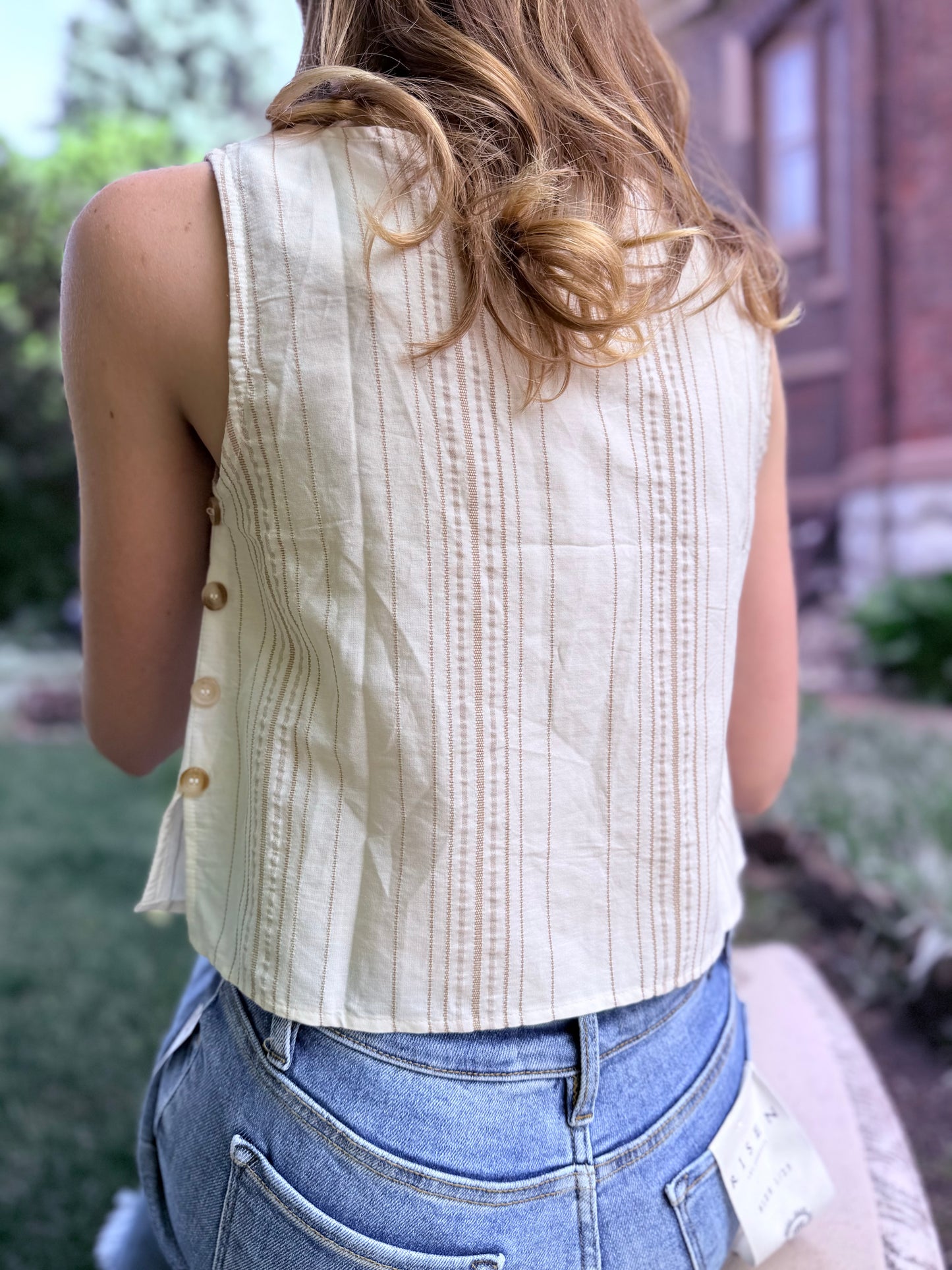 Stripe Sleeveless Side Button Detail Top