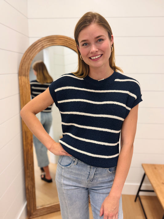 Horizontal Stripe Short Sleeve Knit Sweater