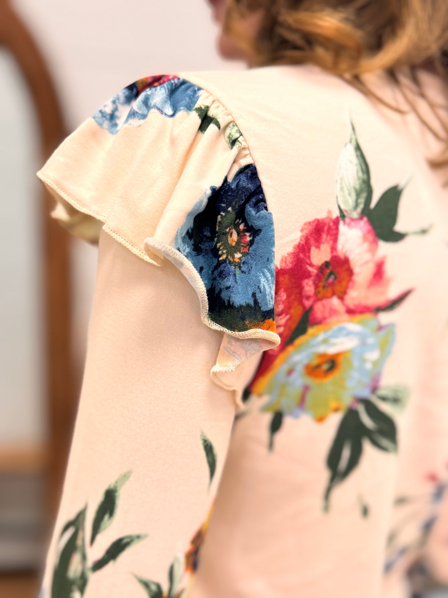 Floral Printed Top With Ruffled Sleeves