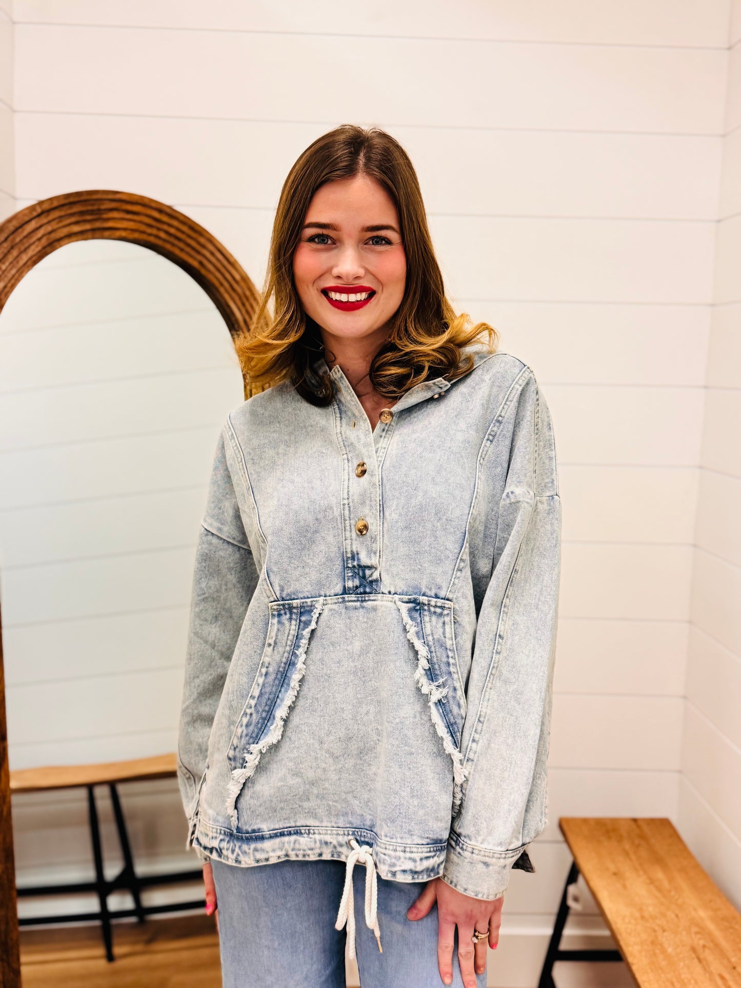 Washed Denim Hoodie Pullover Top