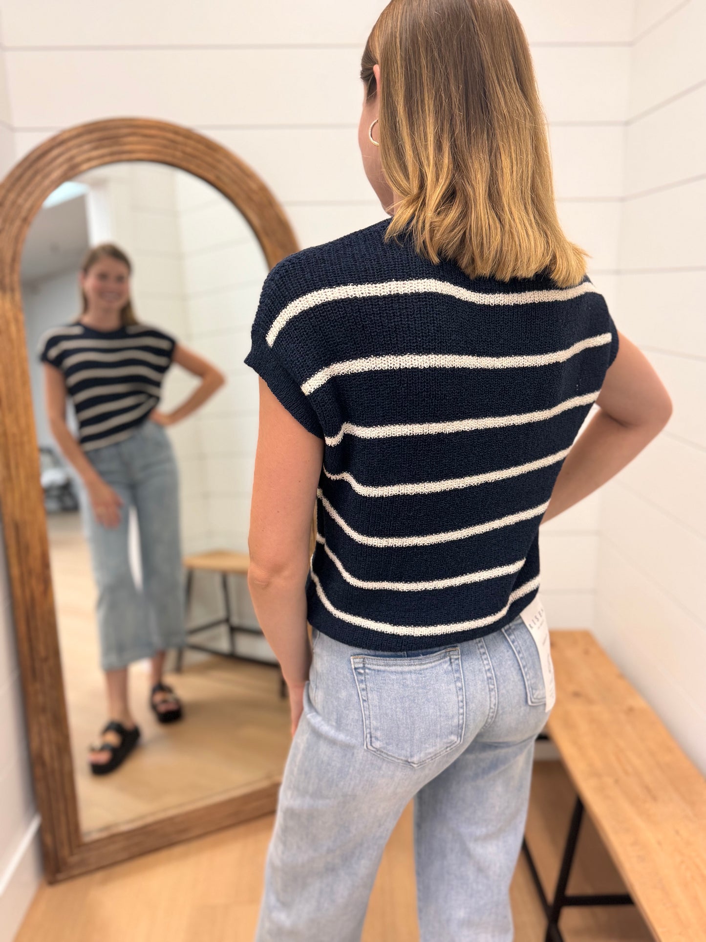 Horizontal Stripe Short Sleeve Knit Sweater