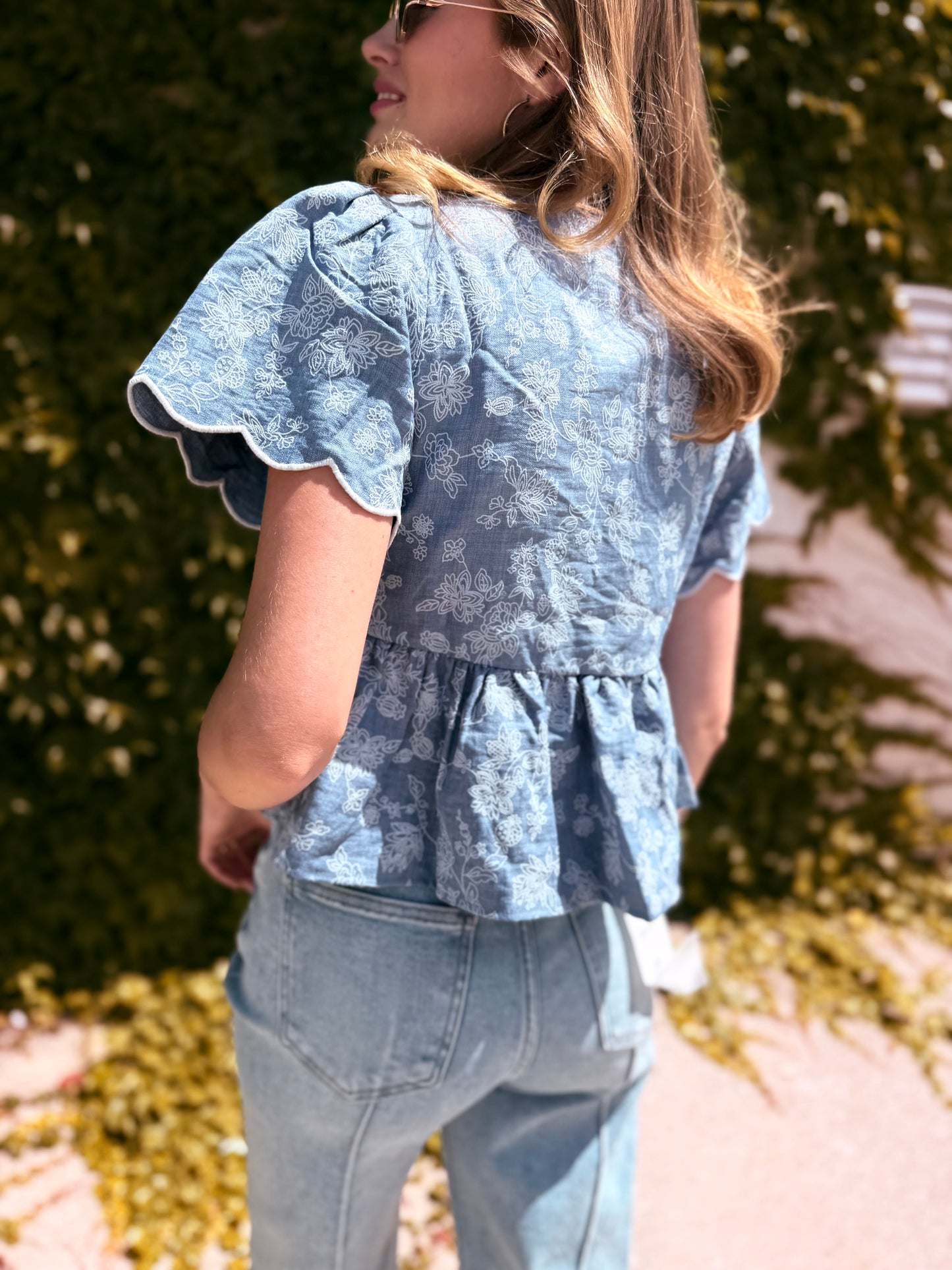 Floral Embroidery Front Tie Scalloped Peplum Top - Chambray