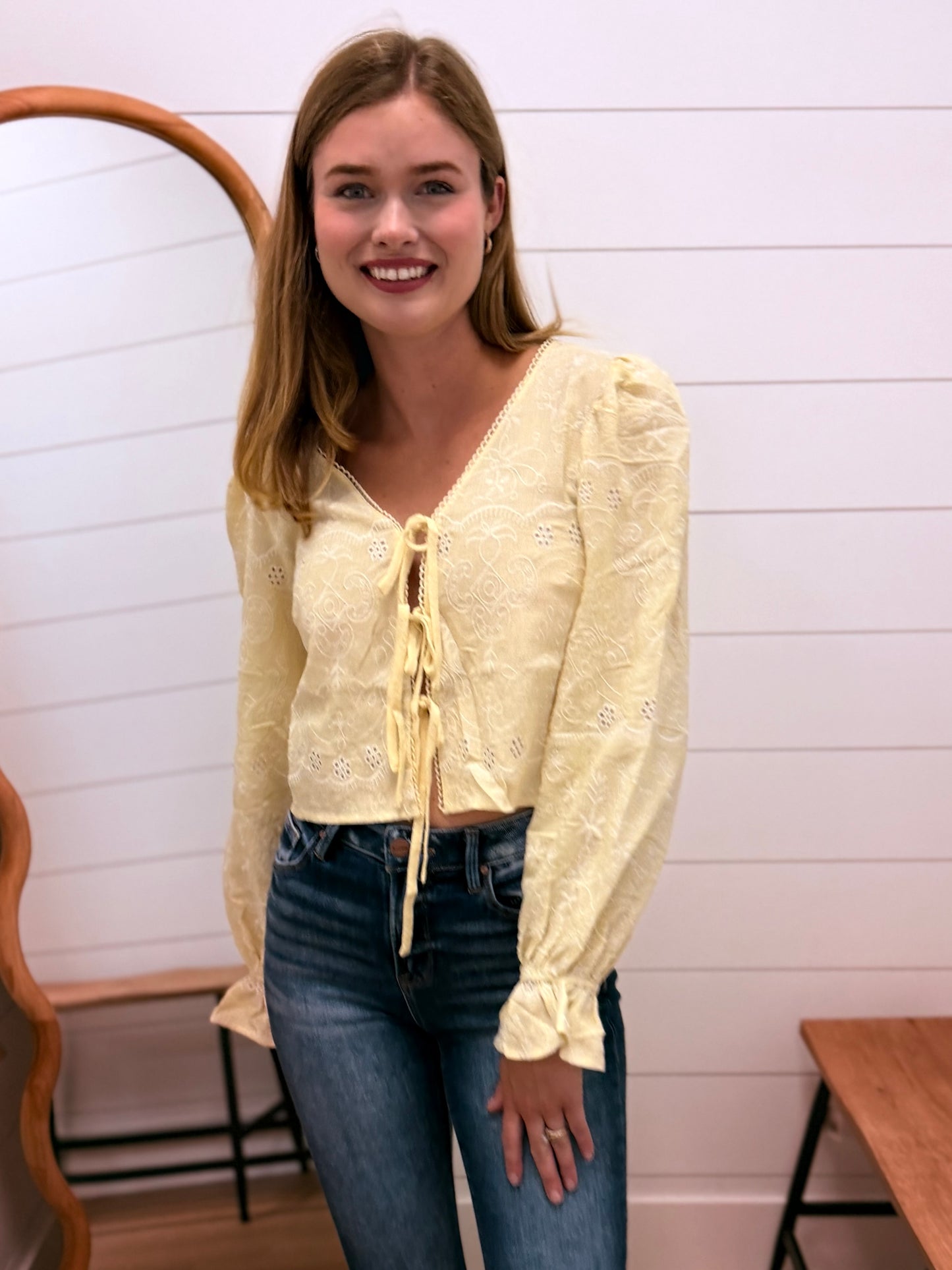 Embroidered Pattern Long Sleeve Front Tie Crop Top