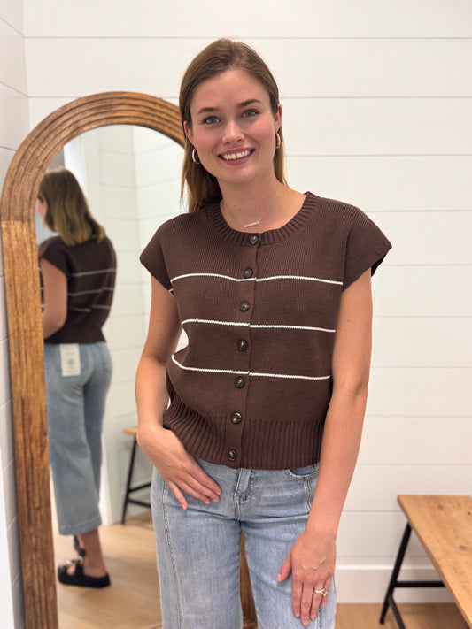 Button Down Horizontal Stripe Sweater Top