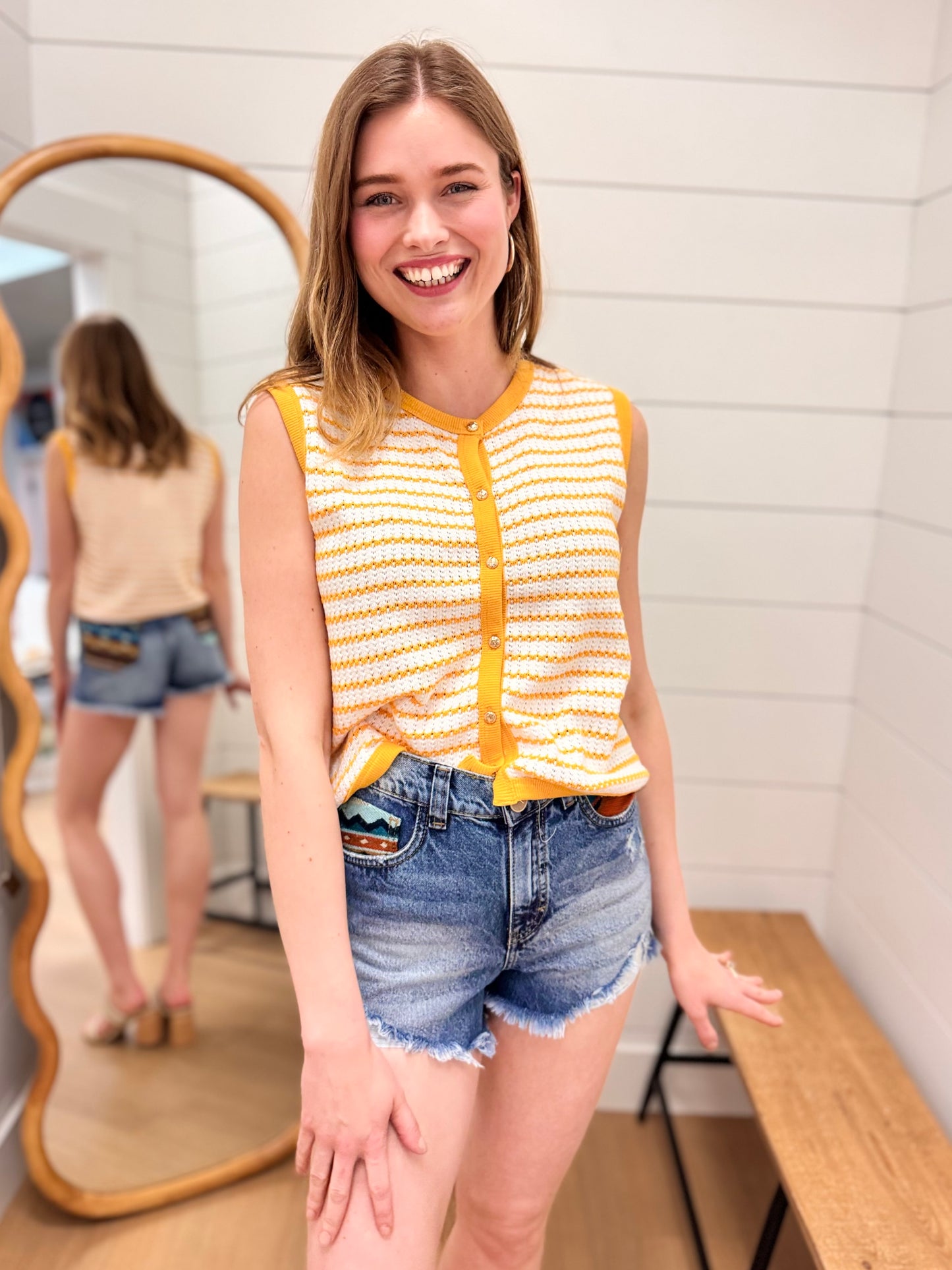 Stripe Knit Button Down Top - Mustard