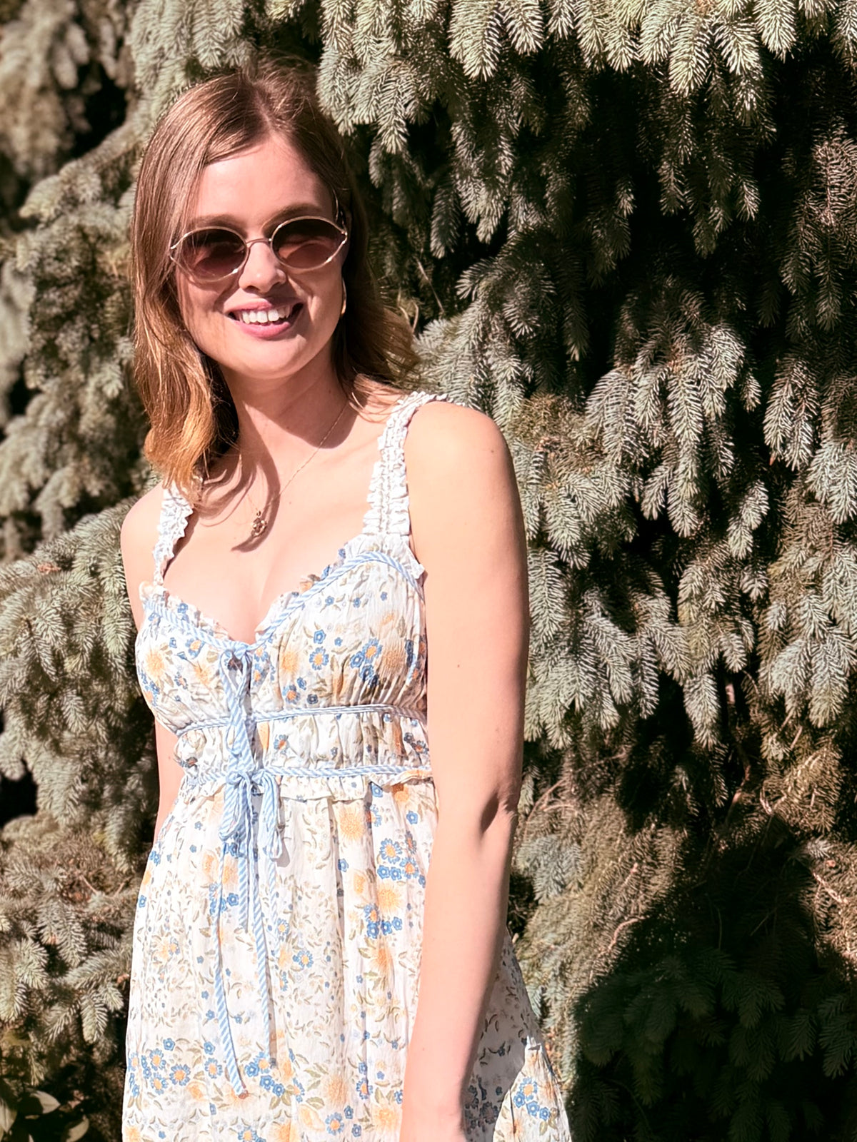 Border Floral Sleeveless Front Tie Midi Dress