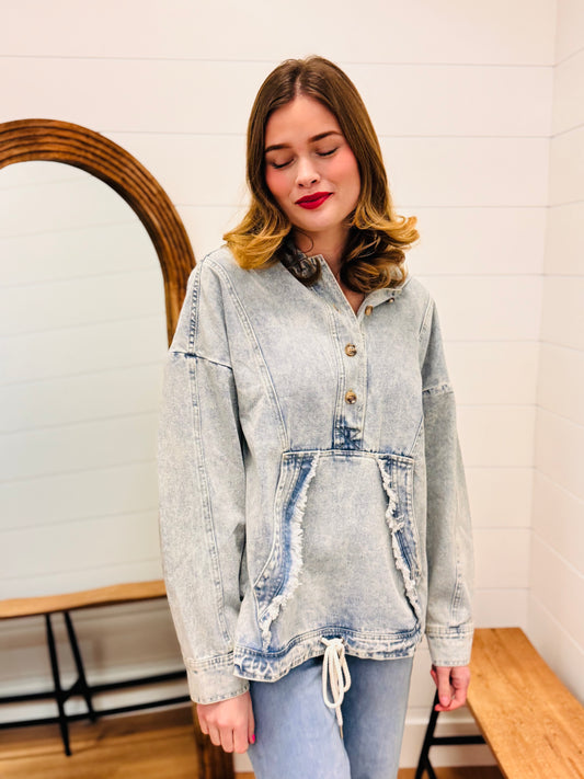 Washed Denim Hoodie Pullover Top