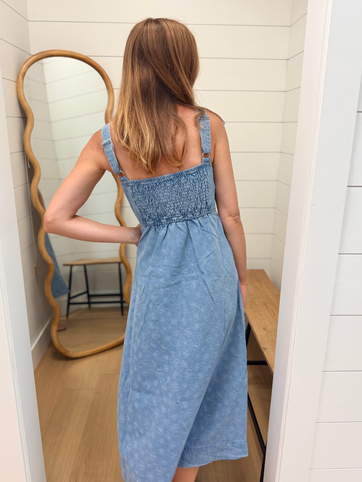 Floral Denim Jacquard Sweetheart Midi Dress