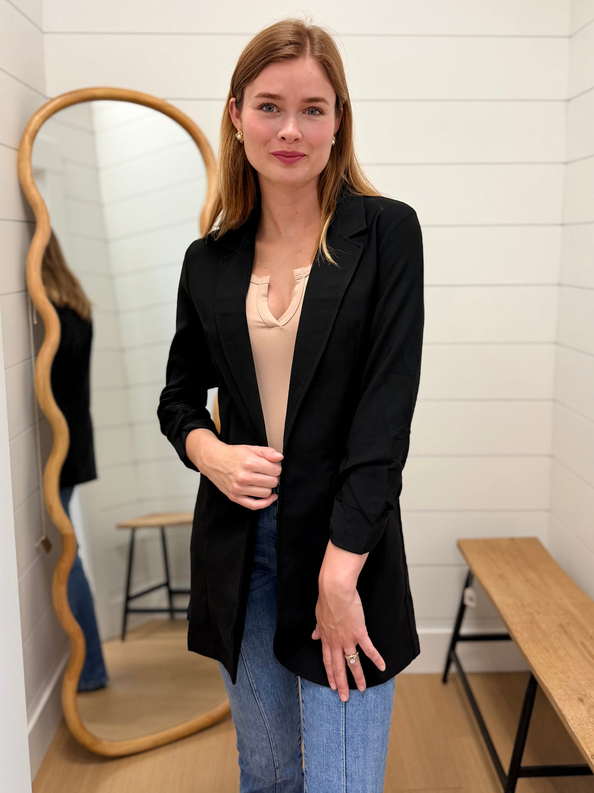 Black Ruched Sleeve Open Front Long Blazer