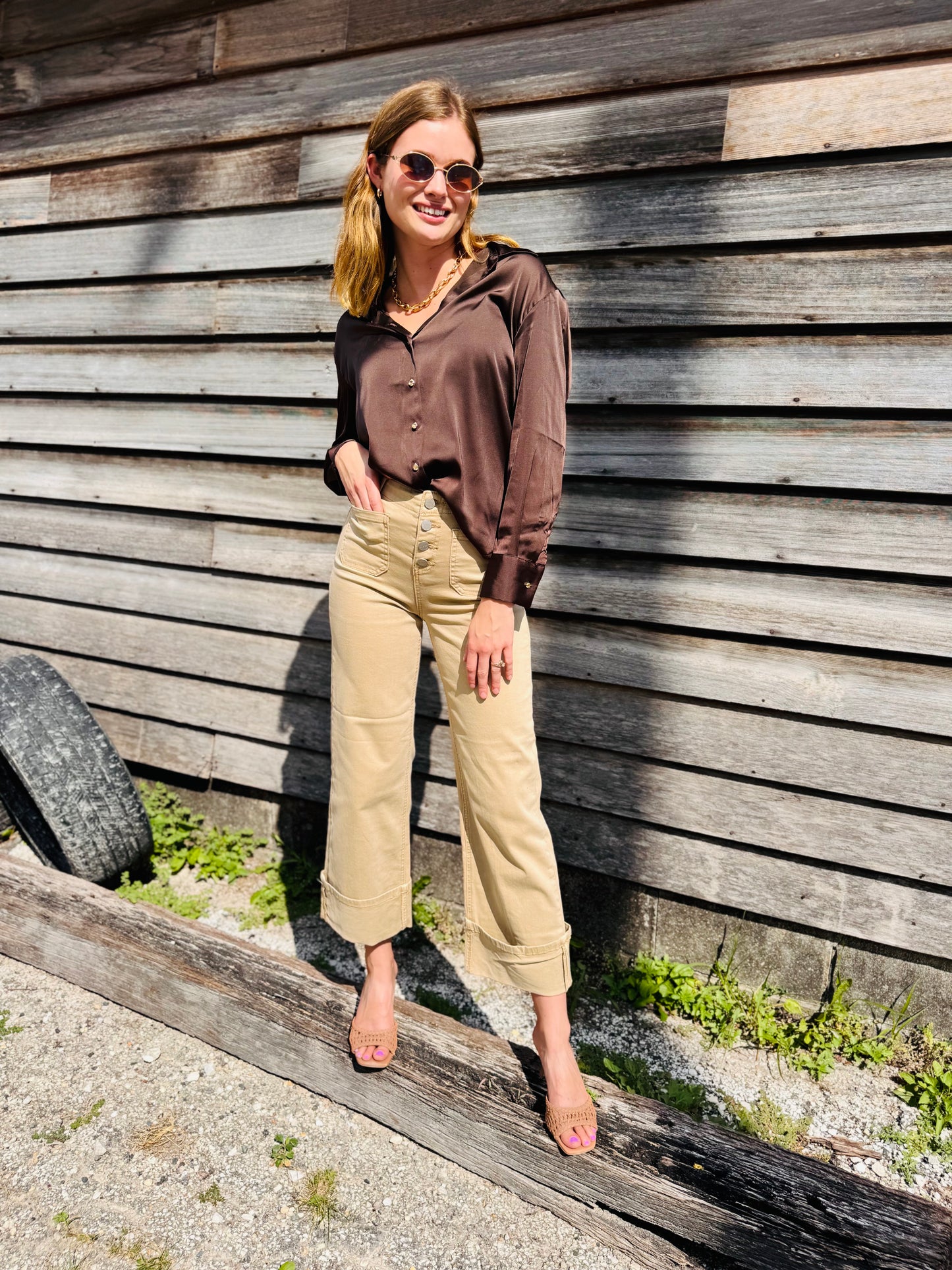 Long Sleeve Satin Top - Chocolate Brown