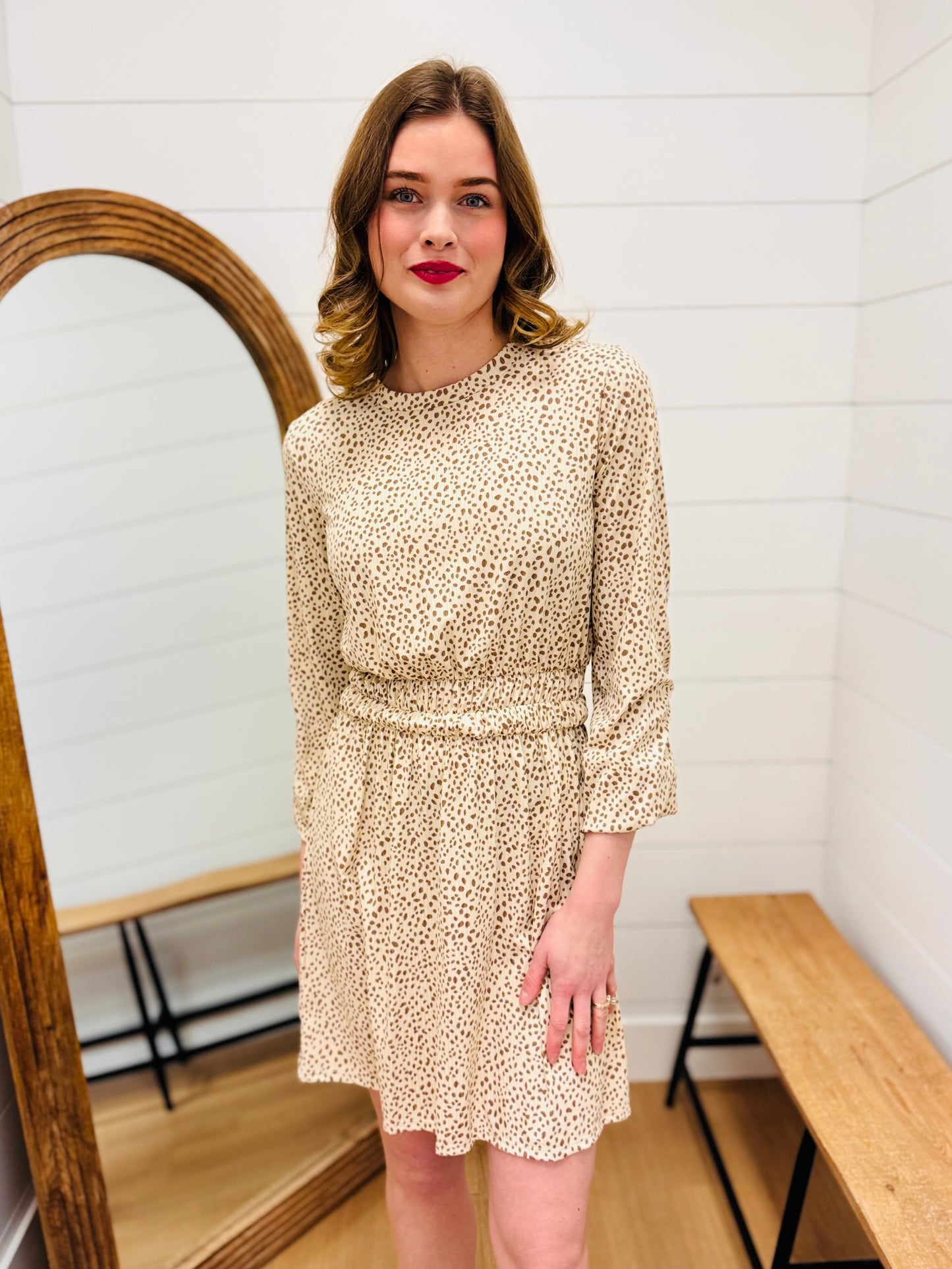 Mini Dalmatian Print Dress with Gathered Waist