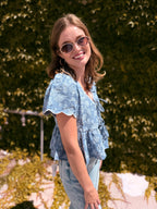 Floral Embroidery Front Tie Scalloped Peplum Top - Chambray