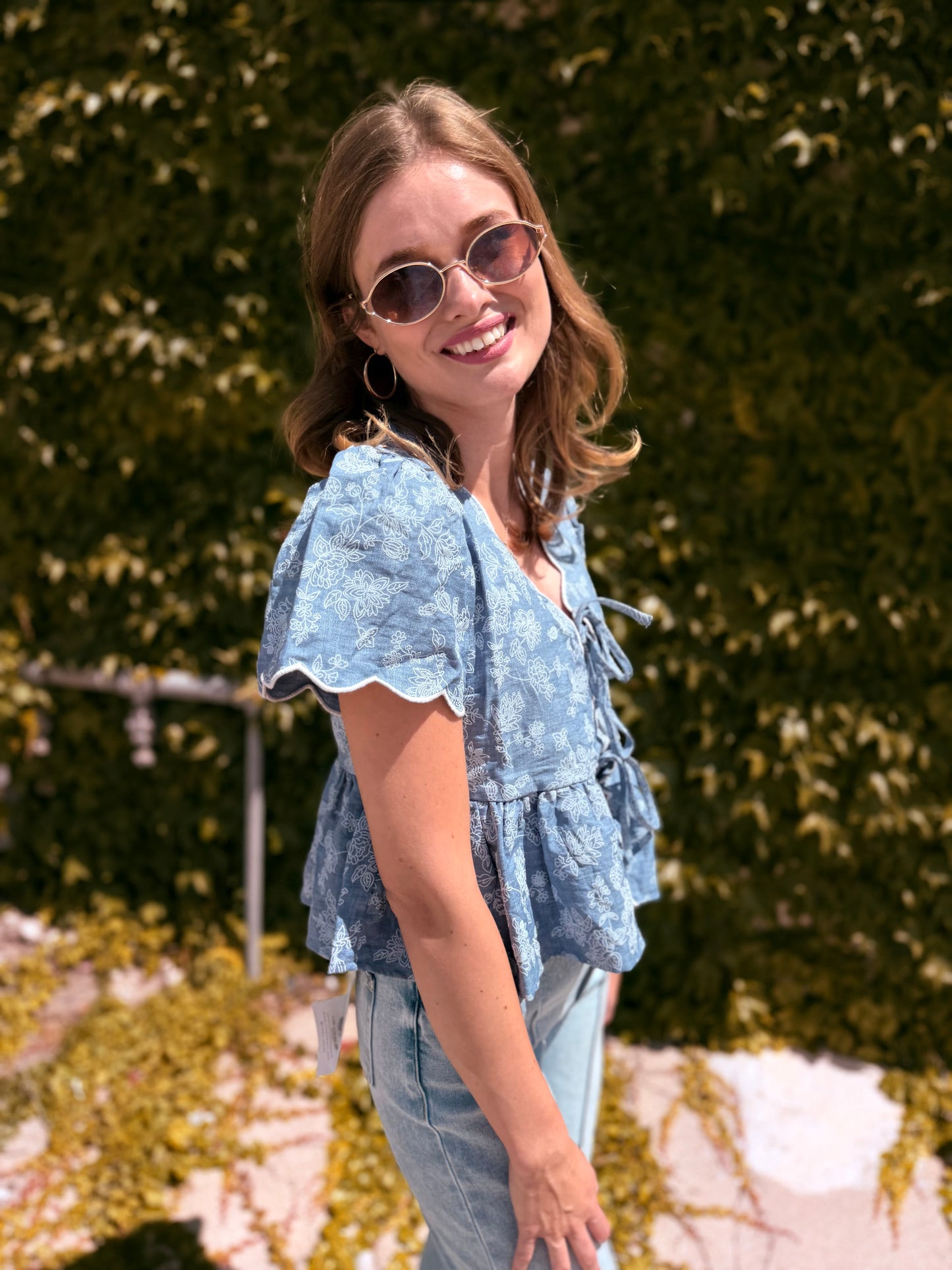 Floral Embroidery Front Tie Scalloped Peplum Top - Chambray