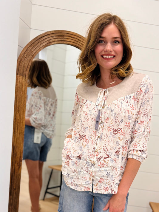Tie Front Floral Top + Tassels