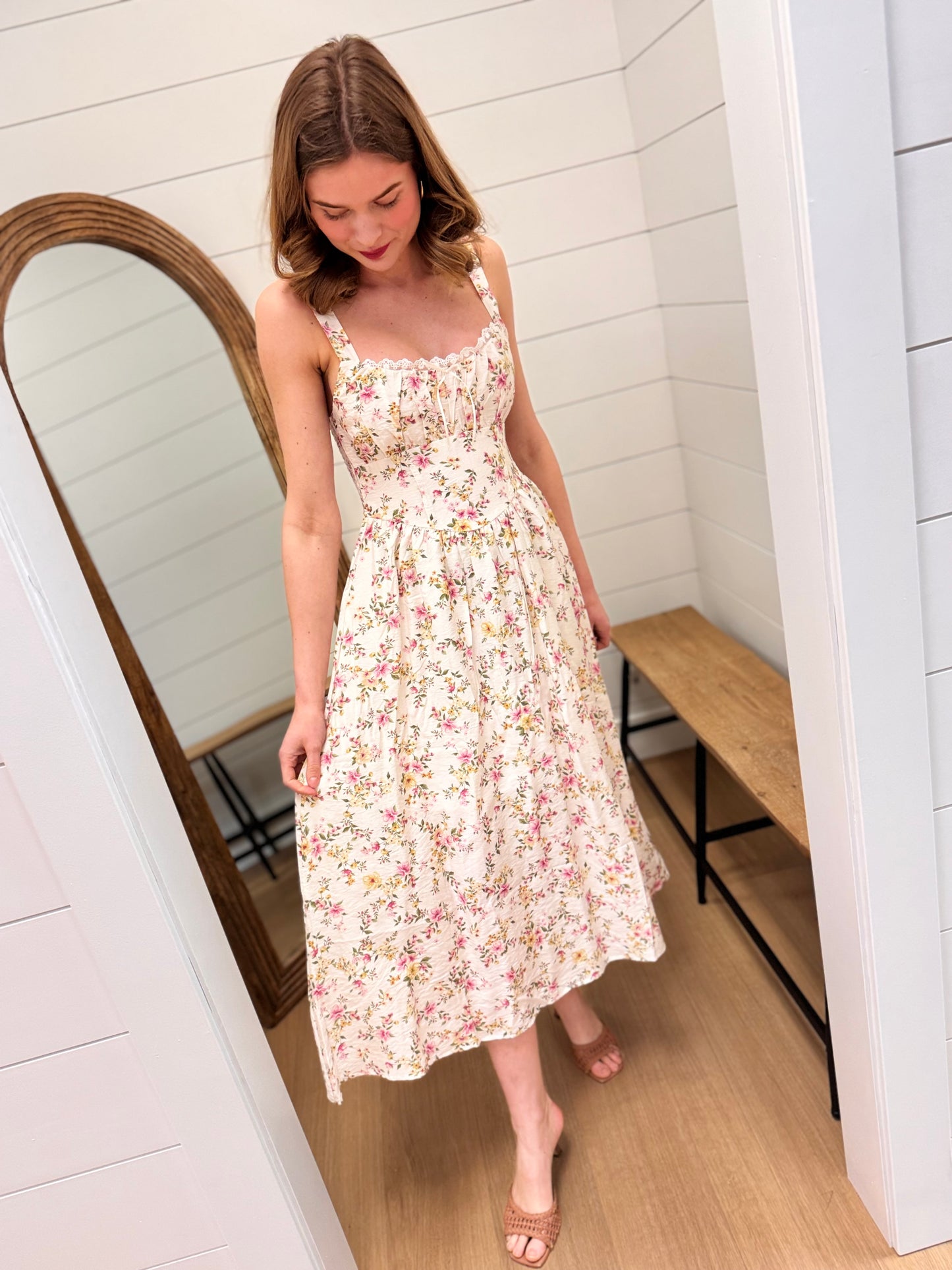 Floral Lace Trim Corset Sleeveless Midi Dress