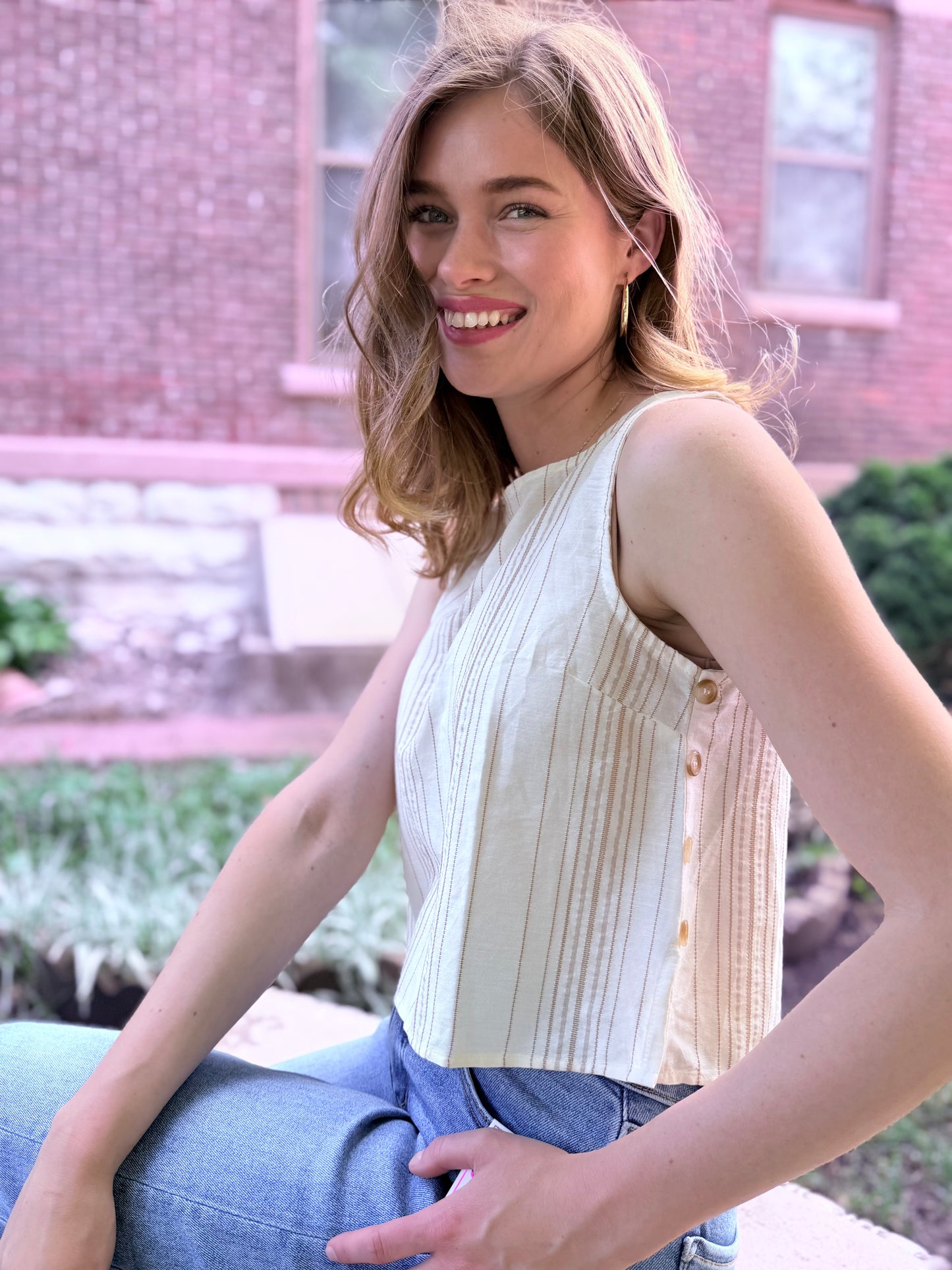 Stripe Sleeveless Side Button Detail Top