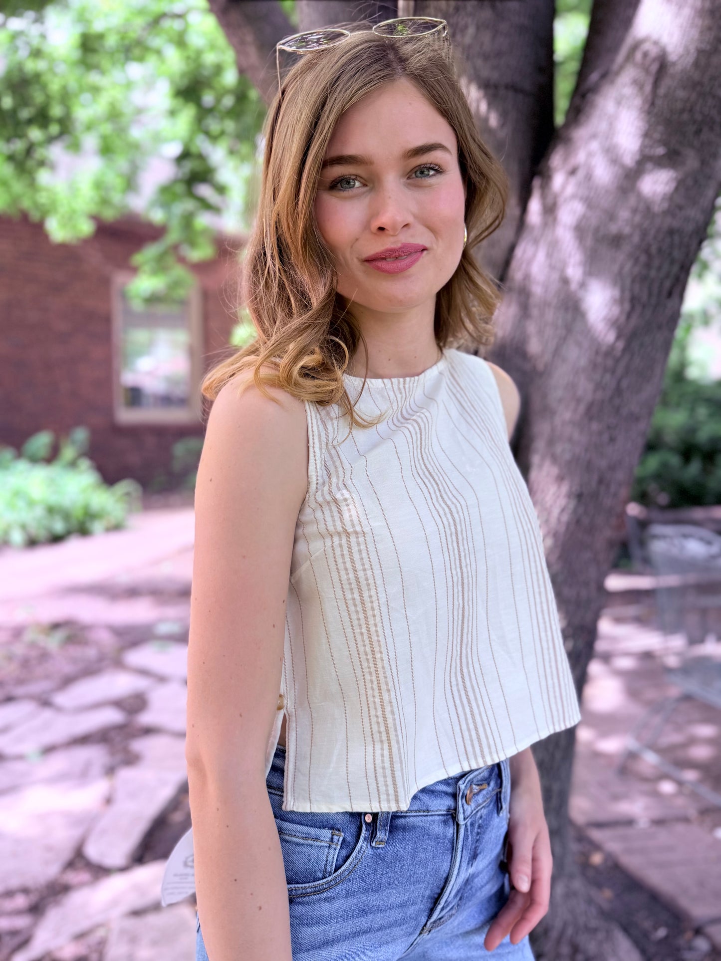 Stripe Sleeveless Side Button Detail Top