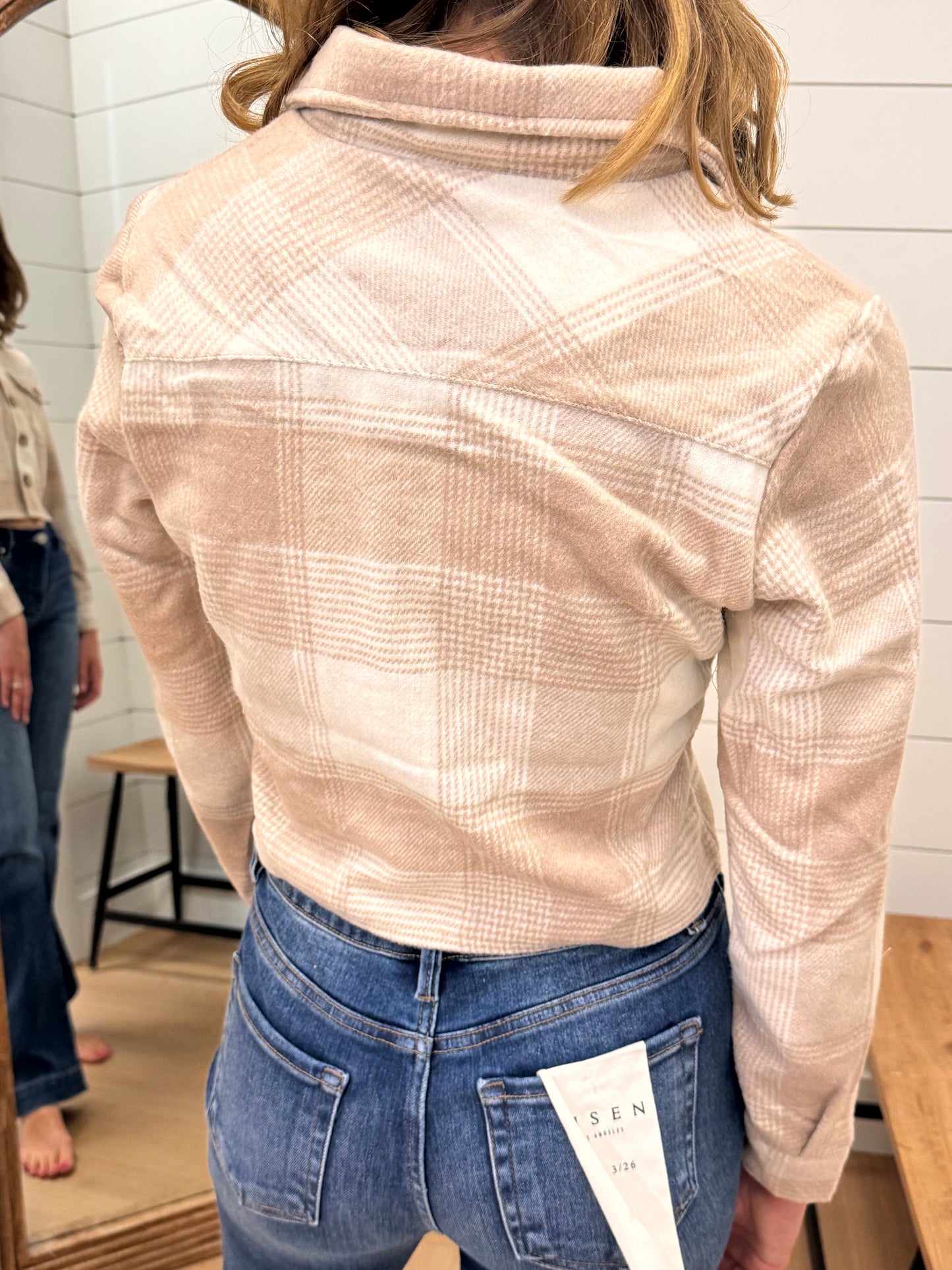 Cropped Casual Plaid flannel Jacket - Cream + Taupe