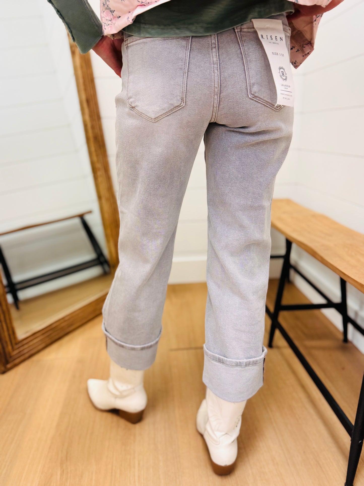 Washed Grey Mid Rise Crop Straight Jeans With Cuff - Risen