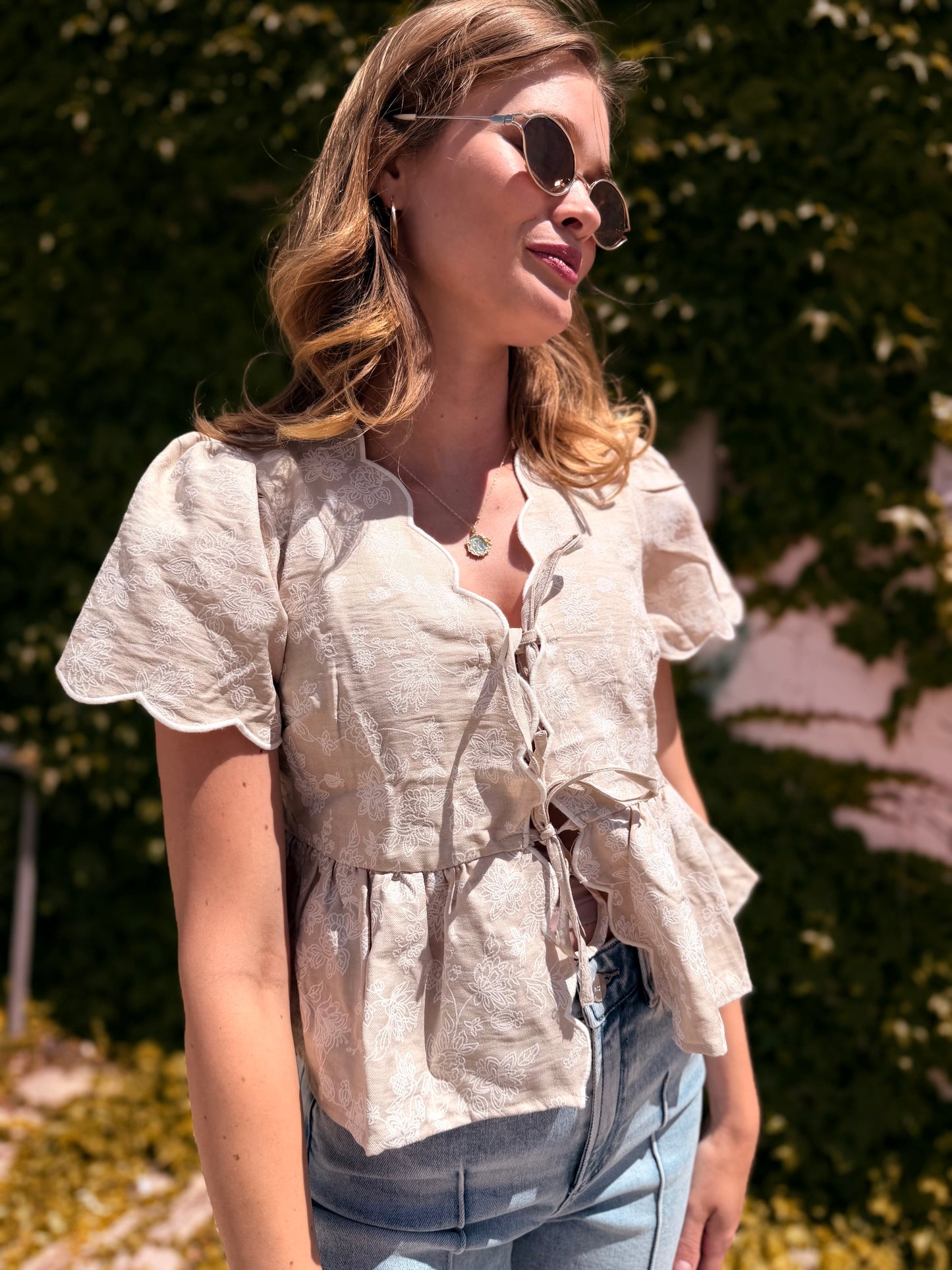 Floral Embroidery Front Tie Scalloped Peplum Top - Khaki