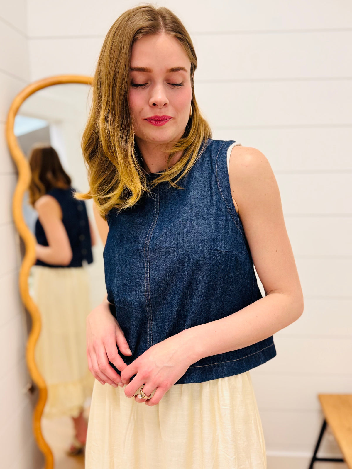 Back Button Denim Top