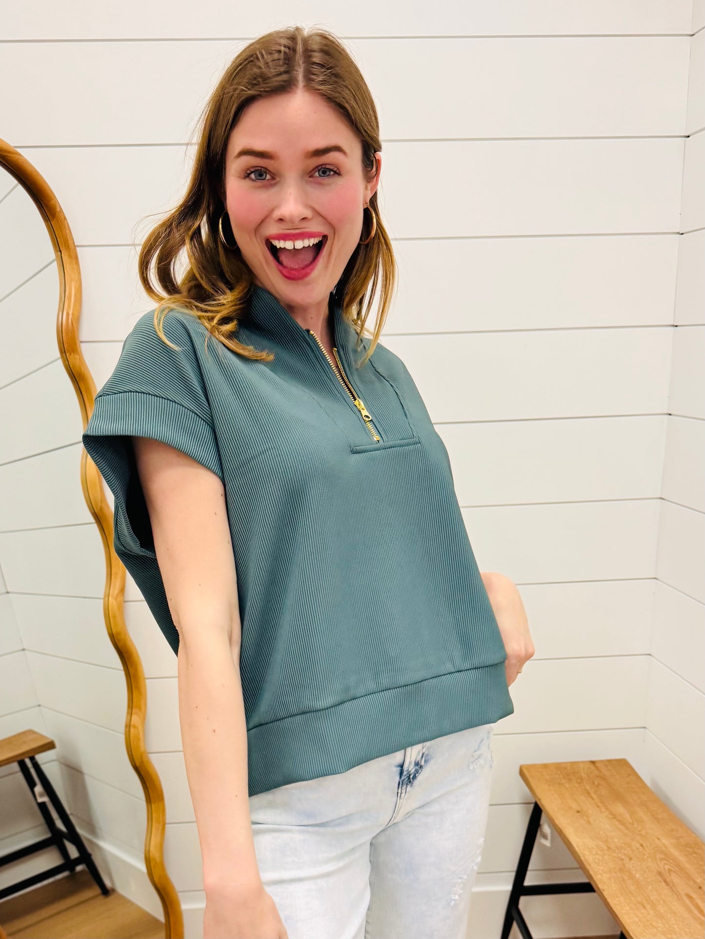 Half Zip Short Sleeve Top - Jade