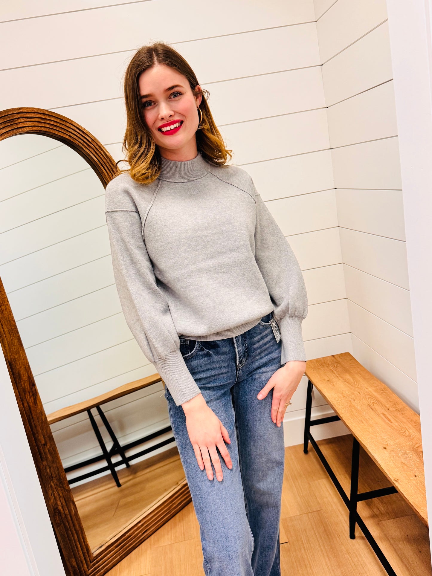 Viscose Mock Neck Exposed Seam Sweater