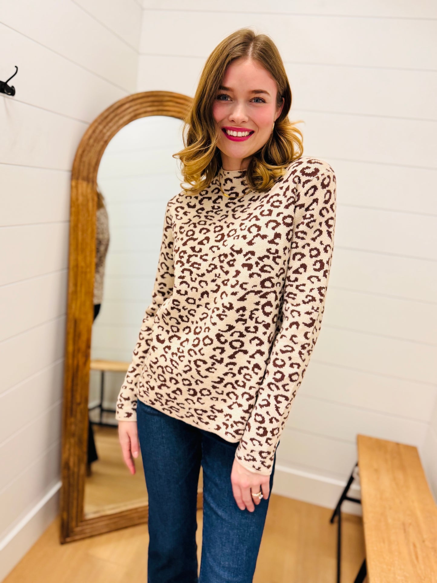 Leopard Print Mock Neck Knit Sweater