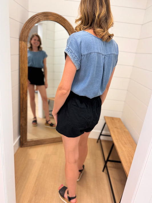 Chambray Top with Embroidered Trim