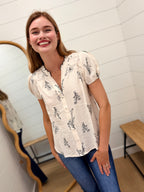 Floral Line Print Split Neck Button Down Linen Top