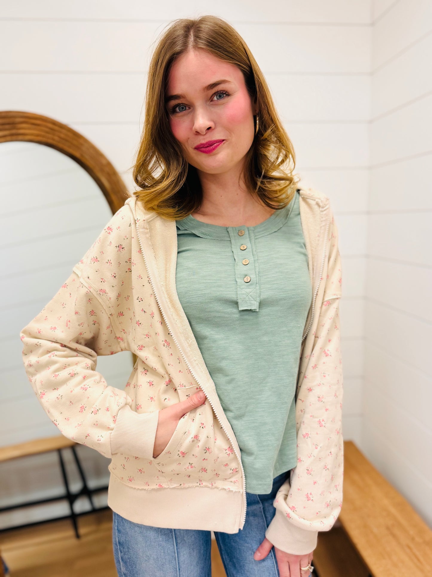 Zip Front Floral Hoodie