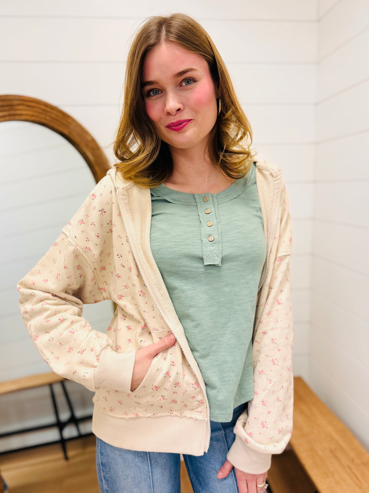 Zip Front Floral Hoodie