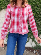 Gingham Frilled Button Down Long Sleeve Shirt