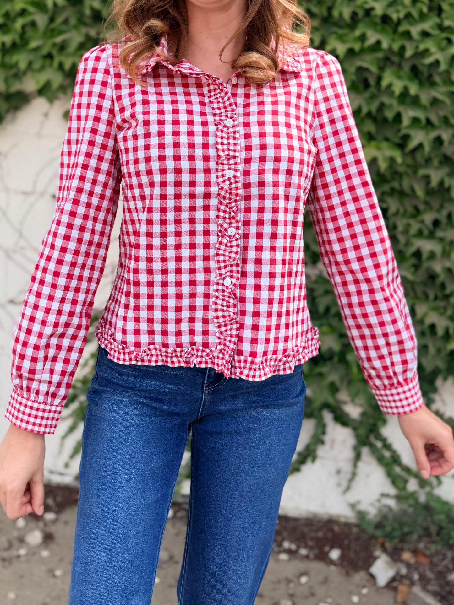 Gingham Frilled Button Down Long Sleeve Shirt