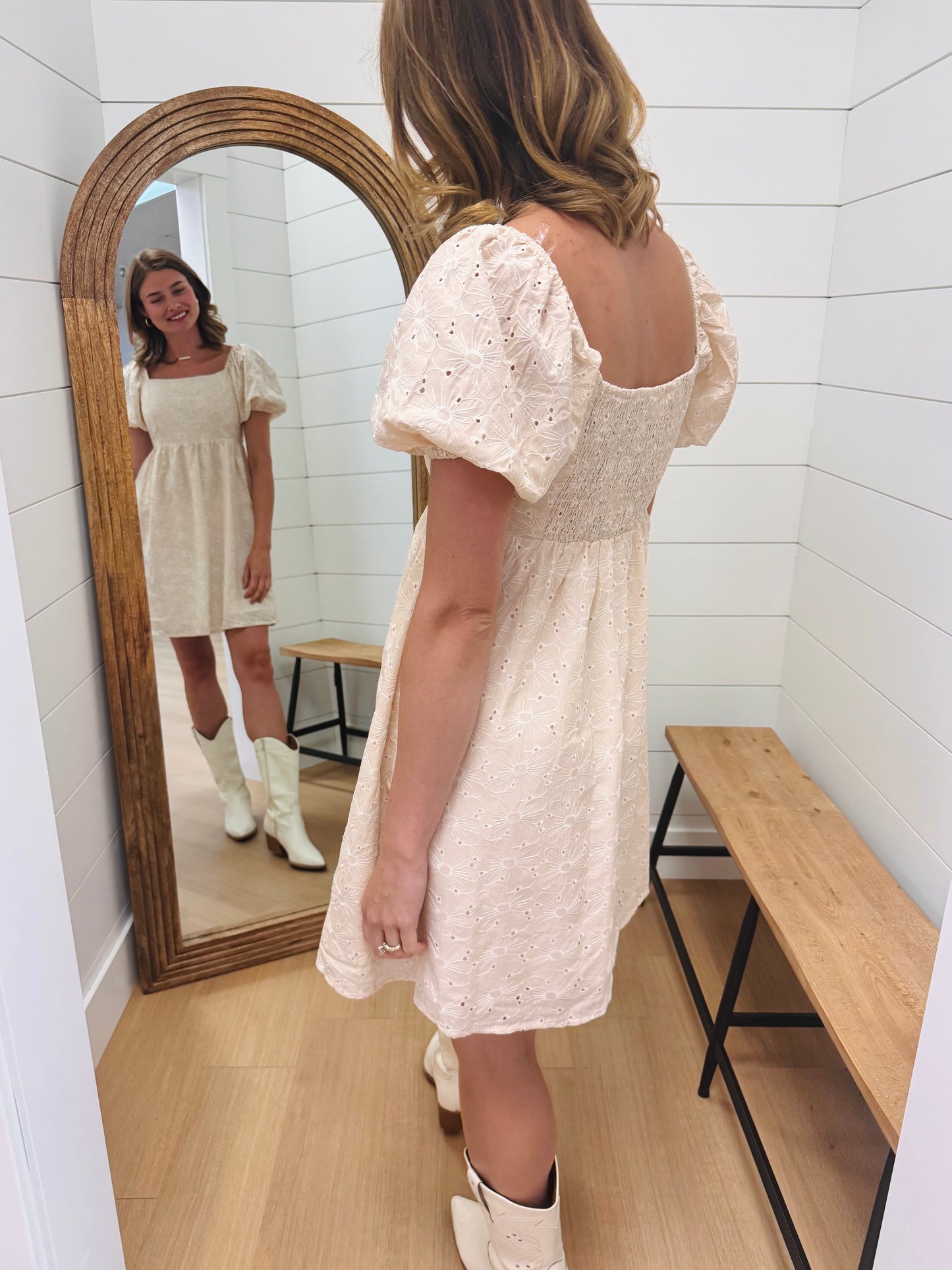 Smocked Cream Mini Dress