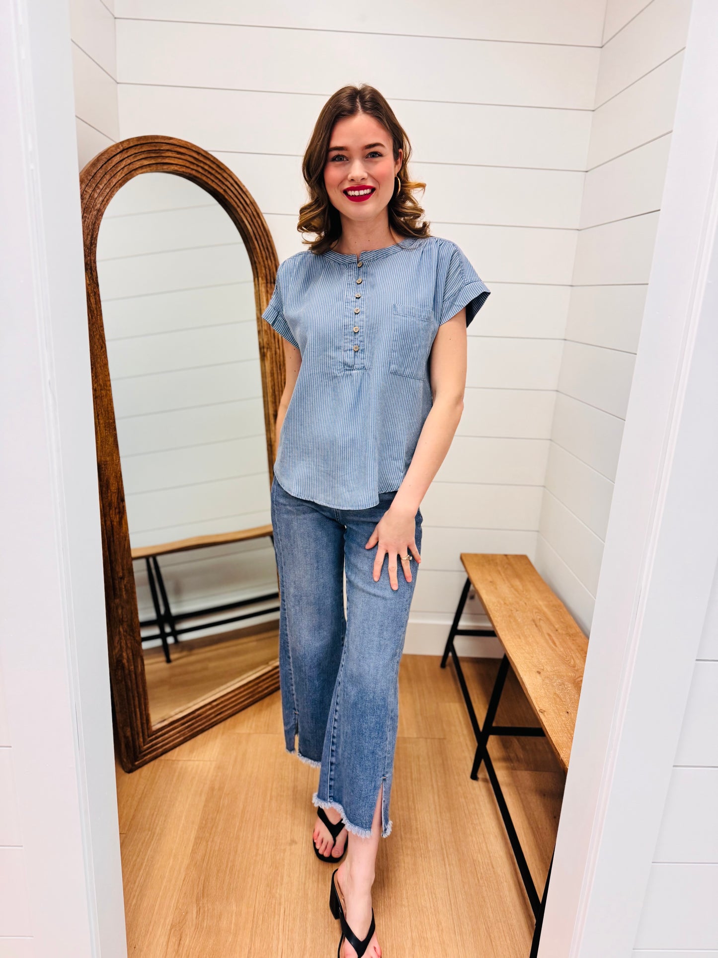 Stripe Chambray Henley Ruched Detail Top